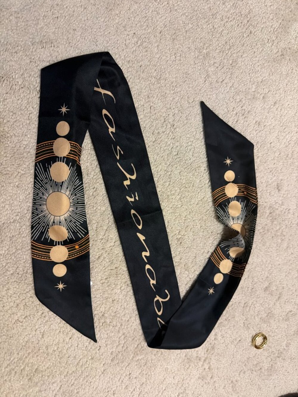 Black Celestial Twilly Scarf — Gold Sun & Stars Print, Skinny Bag Scarf - Picture 2 of 2